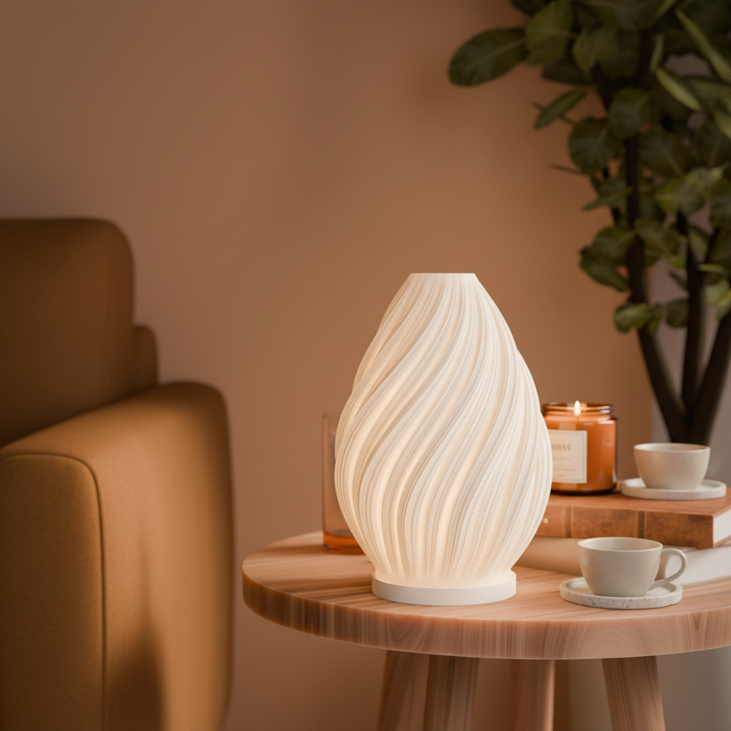 Spiral Flame sculptural table lamp casting warm glow in a cosy evening living room — UK made 3D printed lighting