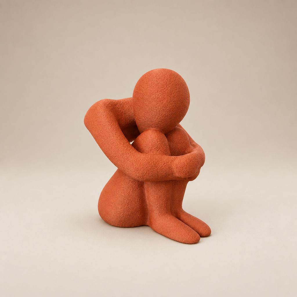 Three-quarter view of matte terracotta Introspection V2 sculpture with its head lowered over its knees