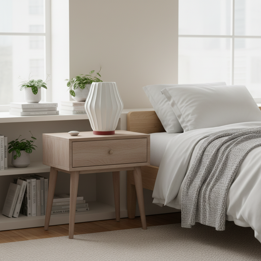 Akari 3D printed LED table lamp with geometric faceted panels in jade white, on a wooden bedside table