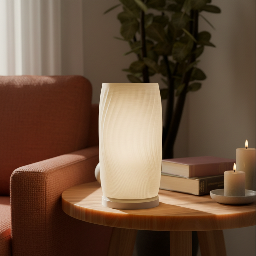 Flow Curve sculptural table lamp casting warm glow in a cosy evening living room — UK made 3D printed lighting