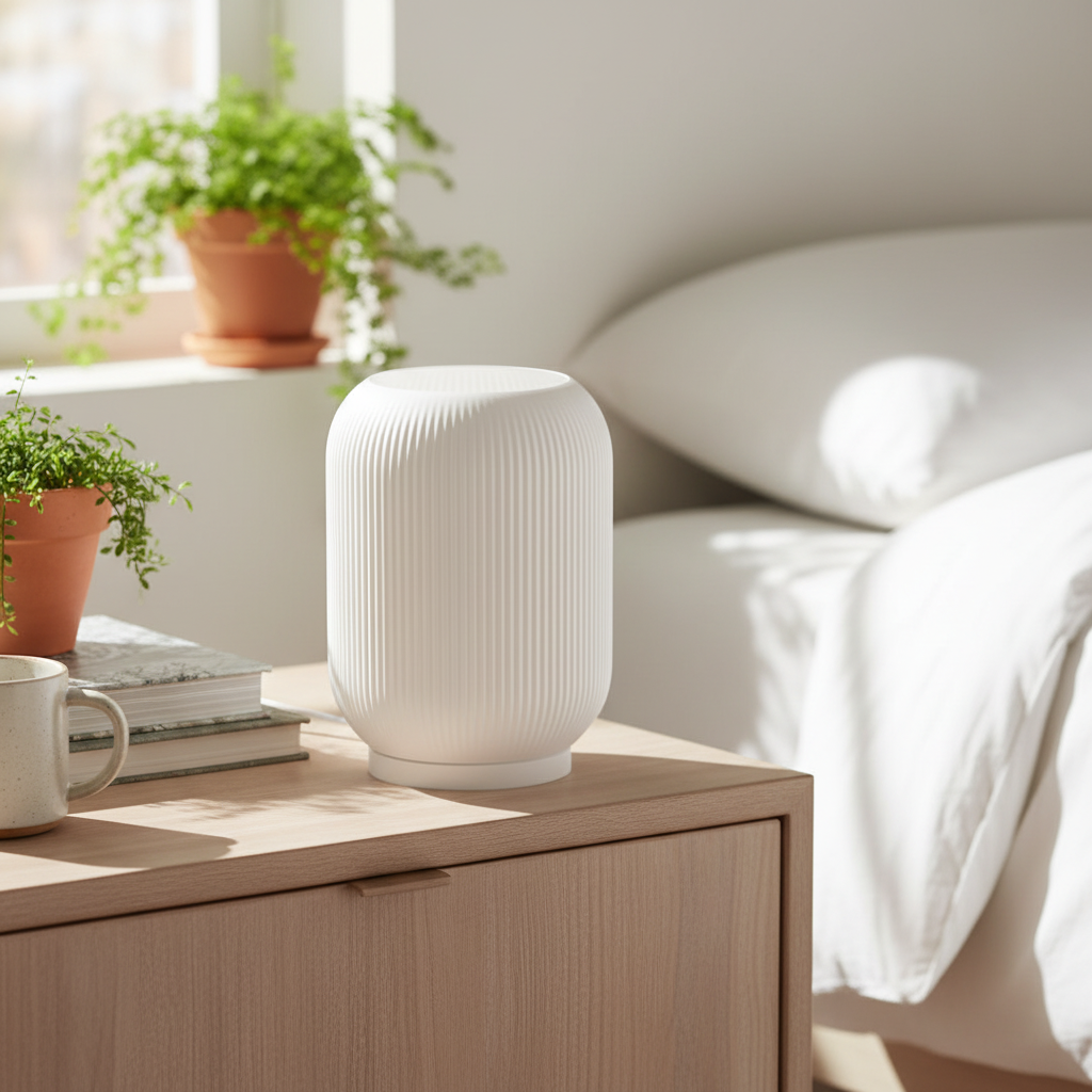 Sophie 3D printed LED table lamp with rounded capsule silhouette and vertical ribbed texture in jade white, unlit on a wooden bedside table