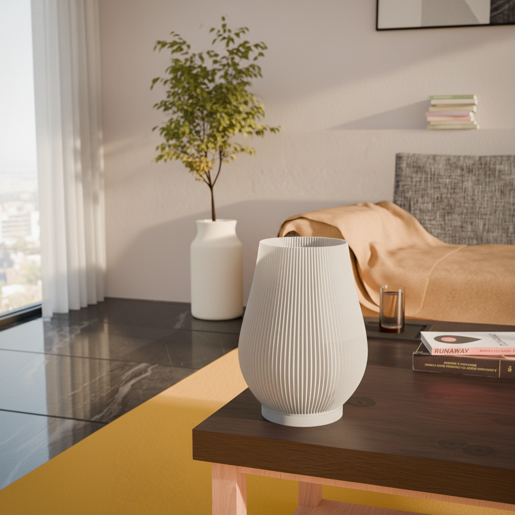 Stria 3D printed LED table lamp with tulip silhouette and fine vertical ribbed texture in jade white, unlit on a wooden bedside table