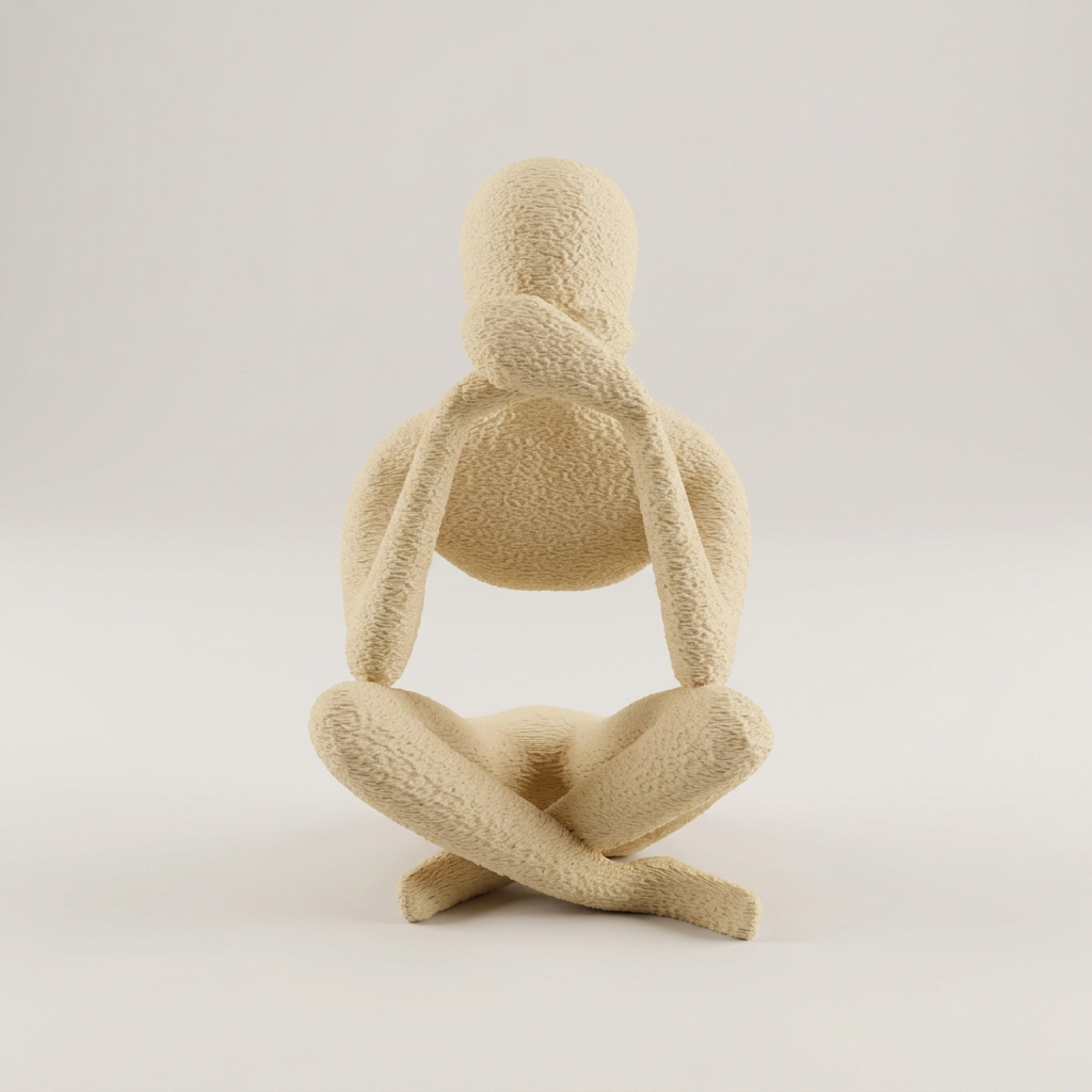 Textured seated speak no evil sculpture with hands covering its mouth.