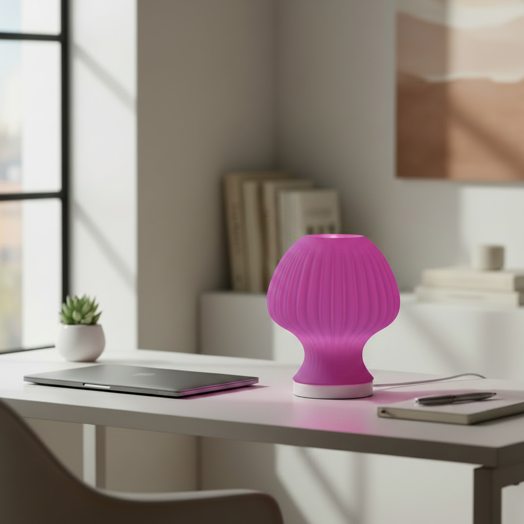 Blob Mushroom LED lamp in Magenta glowing on a desk in a bright workspace
