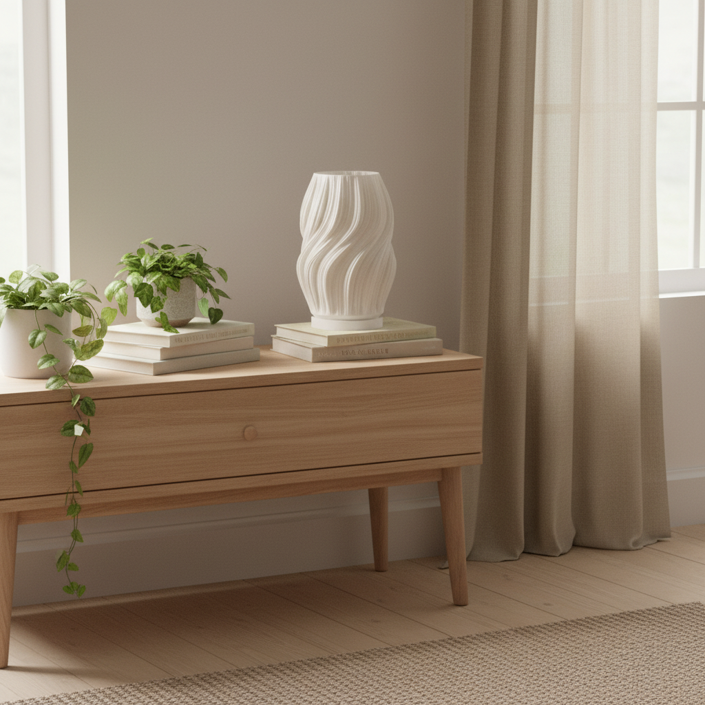 Silk 3D printed LED table lamp with hourglass silhouette and flowing diagonal stripe texture in jade white, on a wooden bedside table