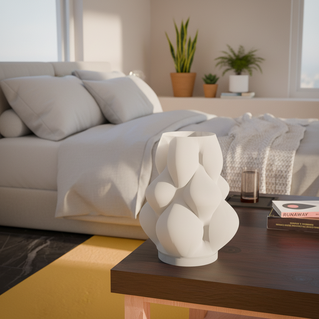 Lumen Bloom 3D printed LED table lamp with stacked bubble lobe silhouette in jade white, unlit on a wooden bedside table
