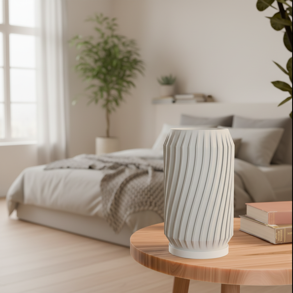 Modern Twist 3D printed LED table lamp with tall cylindrical silhouette and bold faceted diagonal pleat texture in jade white, unlit on a round wooden side table