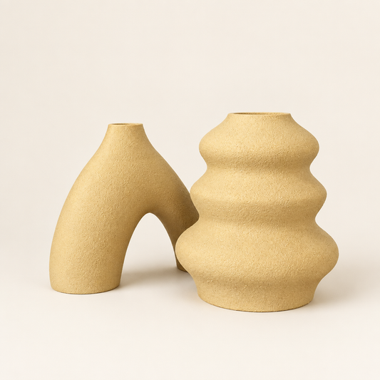 Continuing Elegance Round and Bisect vases together on a warm neutral studio background