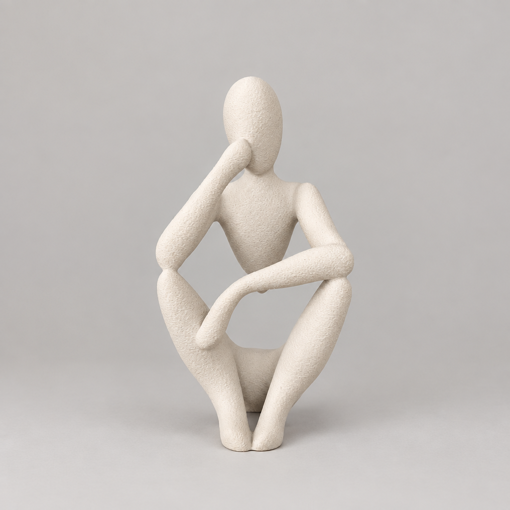 The Thinker abstract sculpture in Matte Bone White on a warm neutral studio background, front view