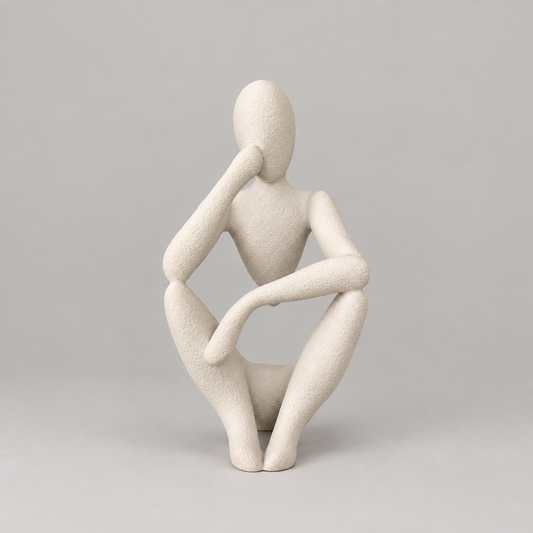The Thinker abstract sculpture in Matte Bone White on a warm neutral studio background, front view