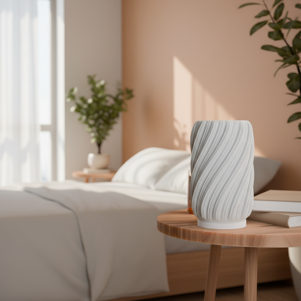 Ondula 3D printed LED table lamp with diagonal swirling stripe texture in jade white, on a wooden bedside table