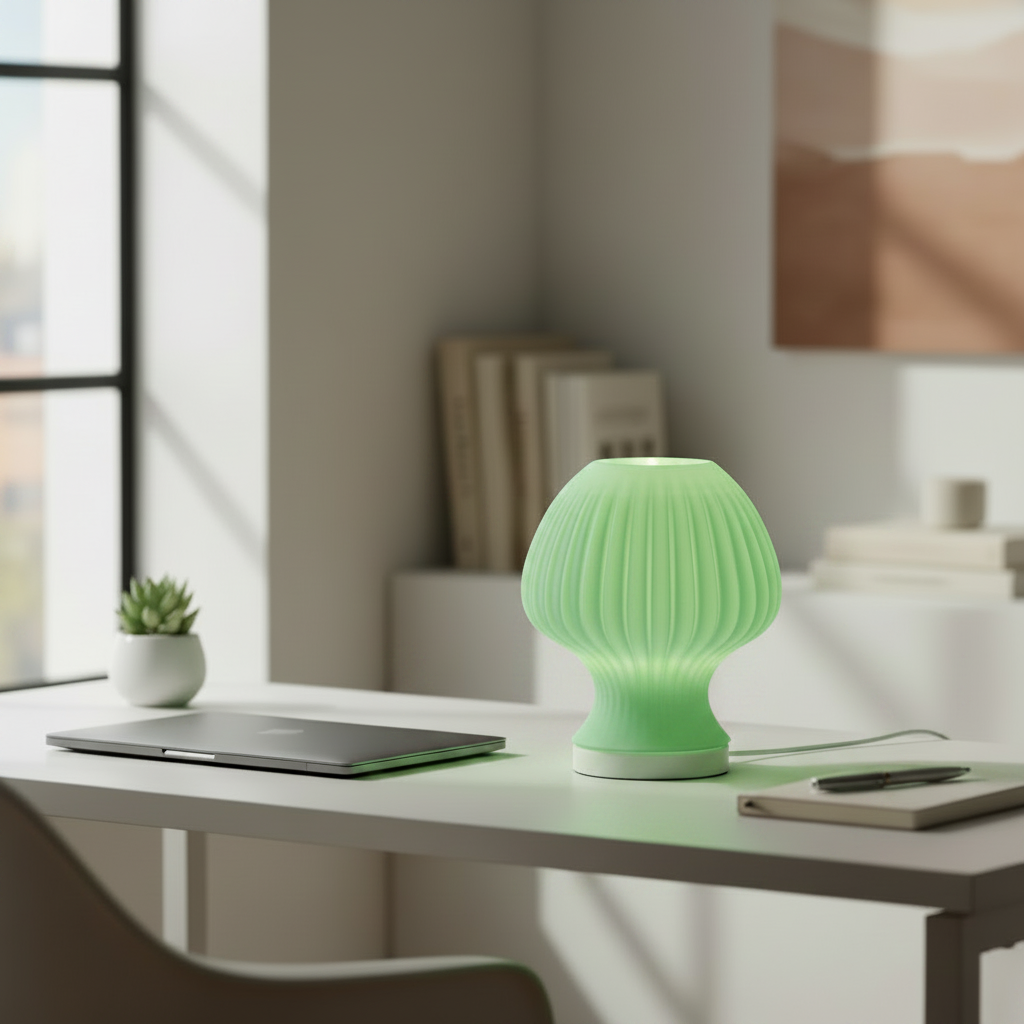 Blob Mushroom LED lamp in Bambu Green glowing on a desk in a bright workspace