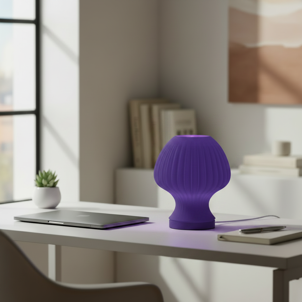 Blob Mushroom LED lamp in Indigo Purple glowing on a desk in a bright workspace