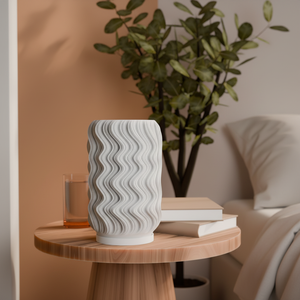 Tide 3D printed LED table lamp with vertical wavy ripple texture in jade white, on a wooden bedside table