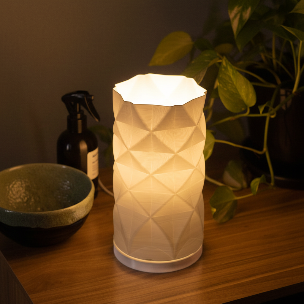 Diamond sculptural table lamp casting warm glow on a wooden side table in a cosy evening setting — UK made 3D printed lighting