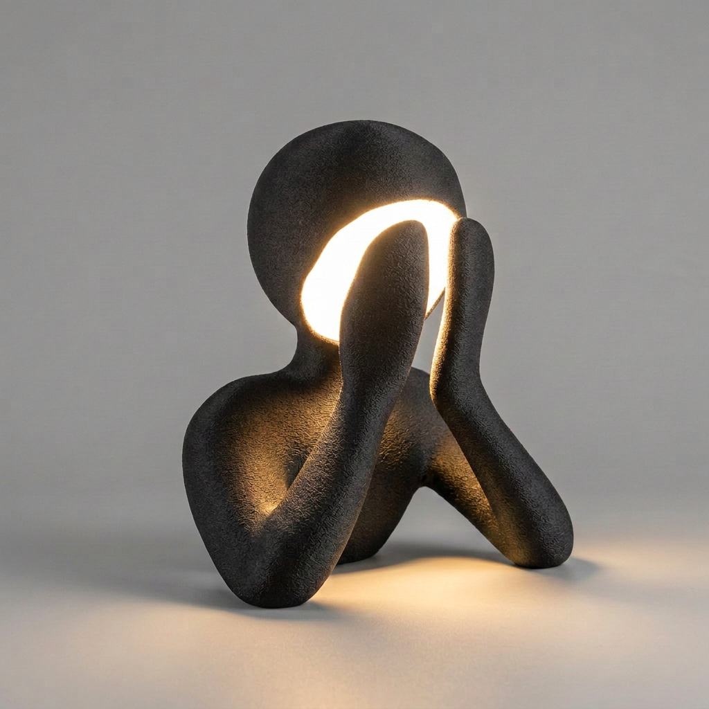 Angled view of the illuminated Matte Charcoal Black NObody sculptural lamp showing its textured finish against a grey studio background