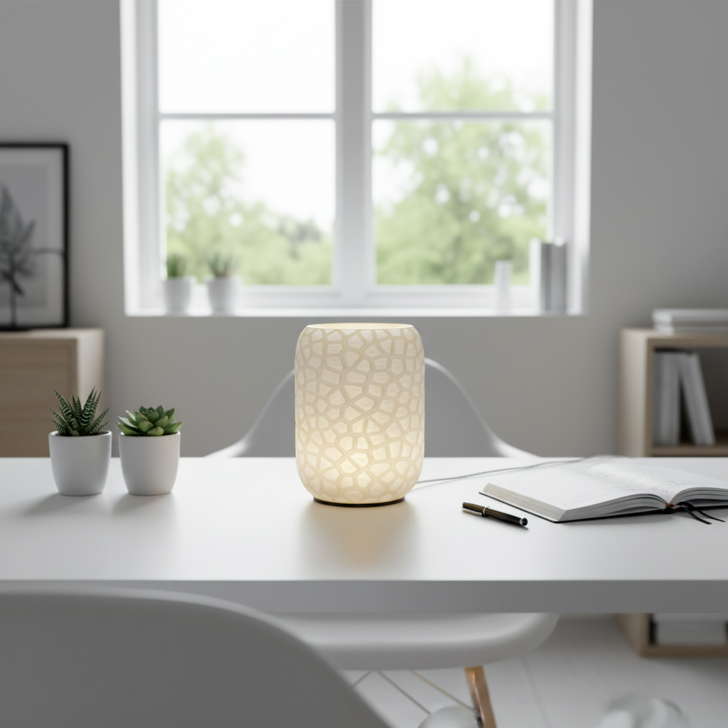 Voronoi Table Lamp glowing on a white desk in a bright modern home office with plants and notebook
