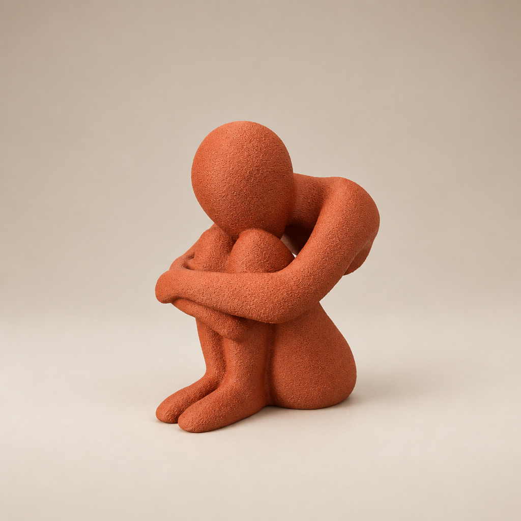 Side view of matte terracotta Introspection V2 seated sculpture showing its folded pose and textured finish