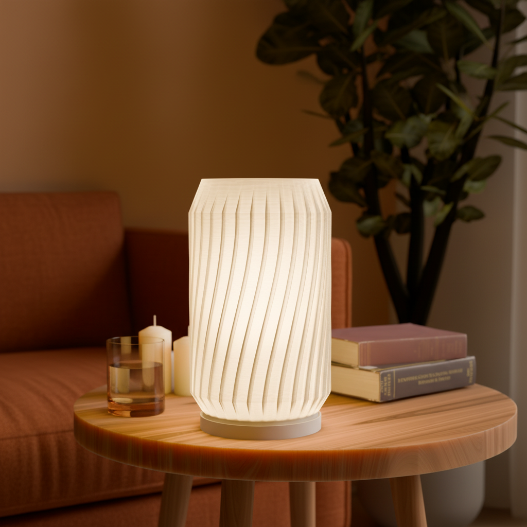 Modern Twist sculptural table lamp casting warm glow in a cosy evening living room — UK made 3D printed lighting