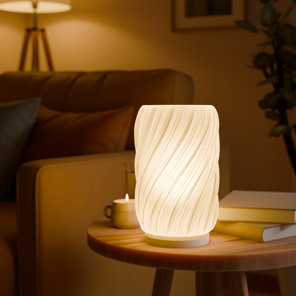 Ondula sculptural table lamp casting warm glow in a cosy evening living room — UK made 3D printed lighting