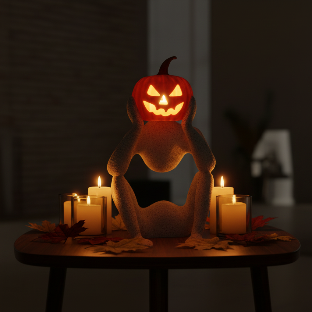 NObody Jack's Contemplation sculpture glowing with warm amber LED light surrounded by candles — NObody Collection