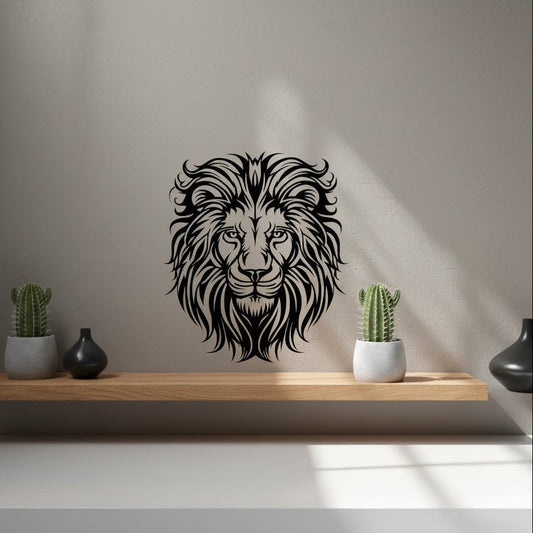 Black 3D printed lion head wall art mounted on a warm taupe wall above a natural oak floating shelf in a cosy living room, UK made