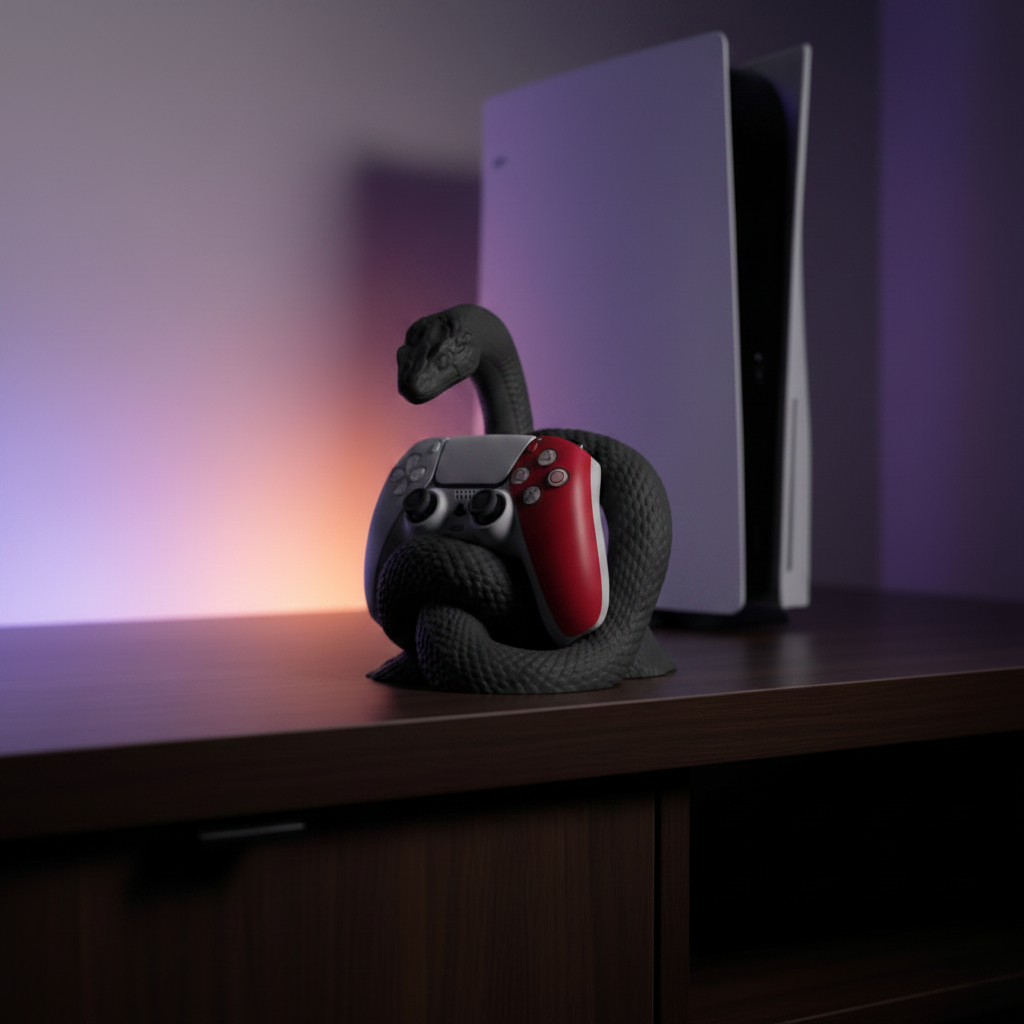 Serpens PS5 controller stand with DualSense controller — Matte Charcoal — Hidden Gems Collection