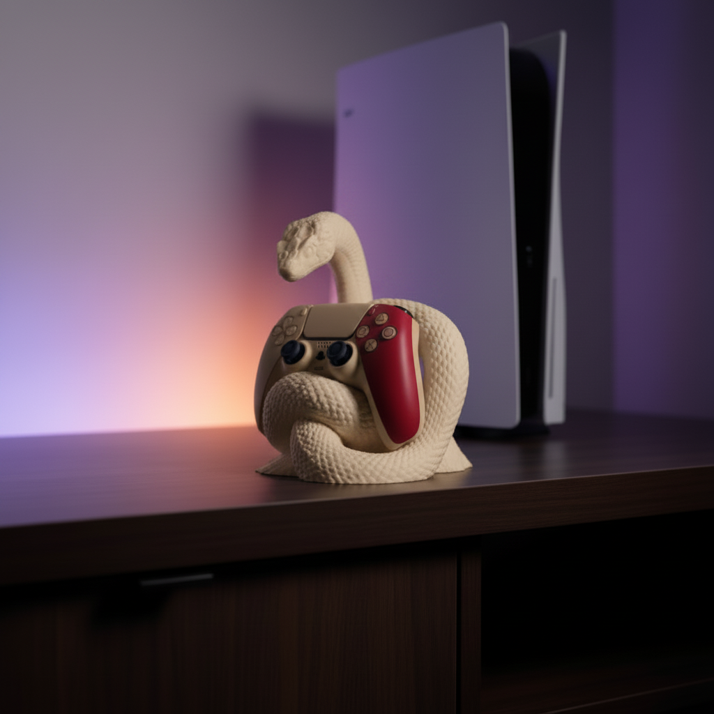 Serpens PS5 controller stand on a TV cabinet — Matte Desert Tan — Hidden Gems Collection