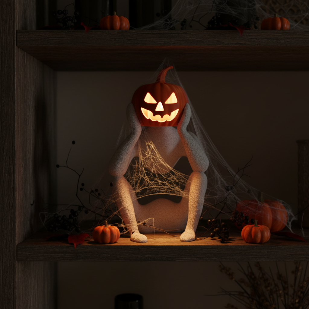 NObody Jack's Contemplation sculpture on a dark shelf with dried botanicals and amber LED glow — NObody Collection