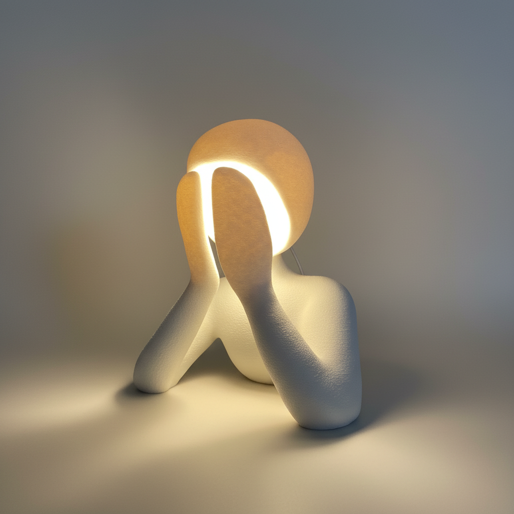 NObody sculptural lamp in Matte Ivory White with warm LED light, three-quarter rear view