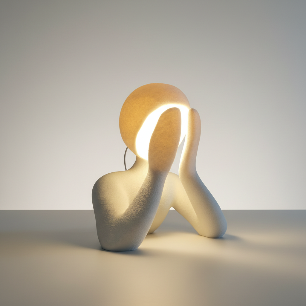 NObody sculptural lamp in Matte Ivory White with warm LED light, side view