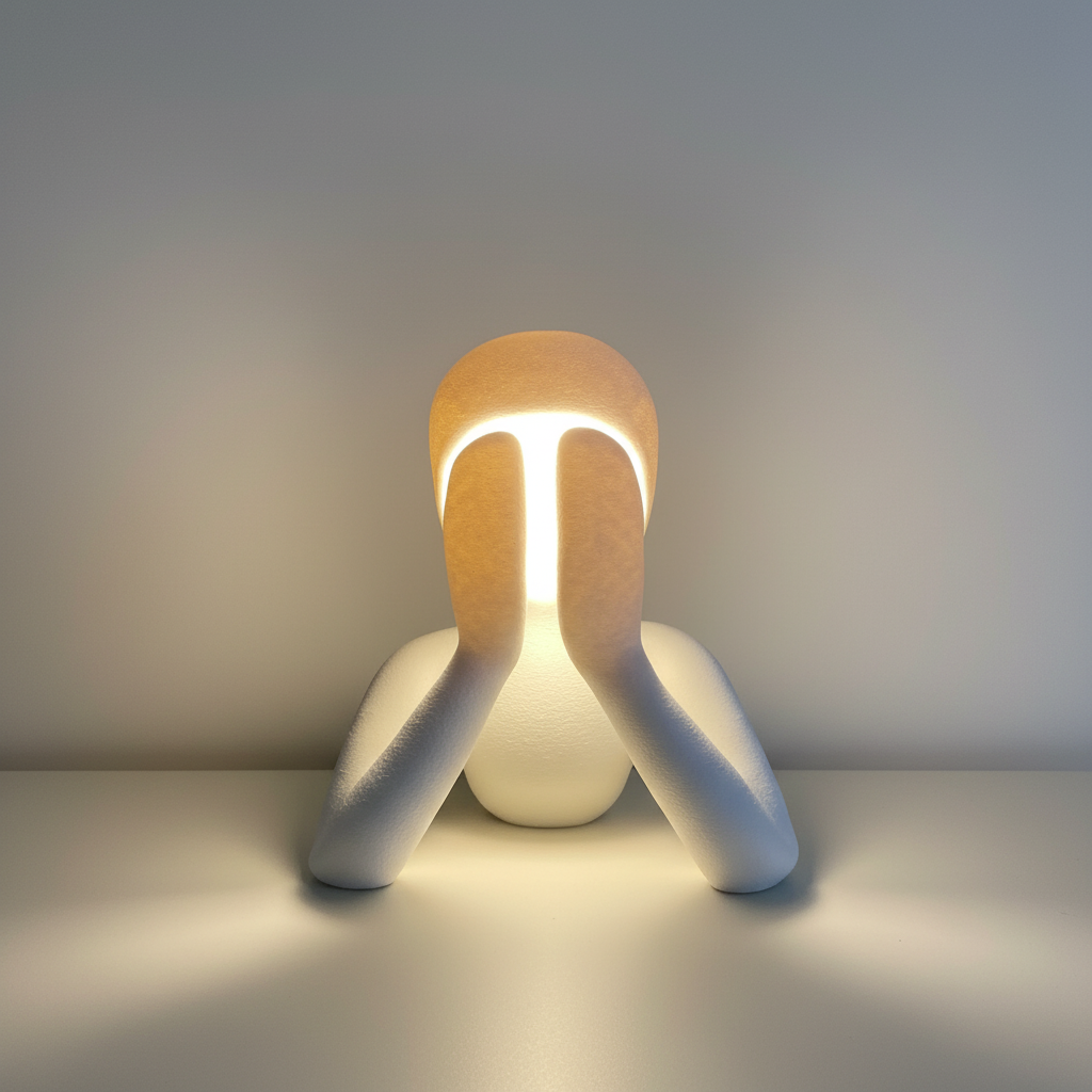 NObody sculptural lamp in Matte Ivory White with warm LED light, front view