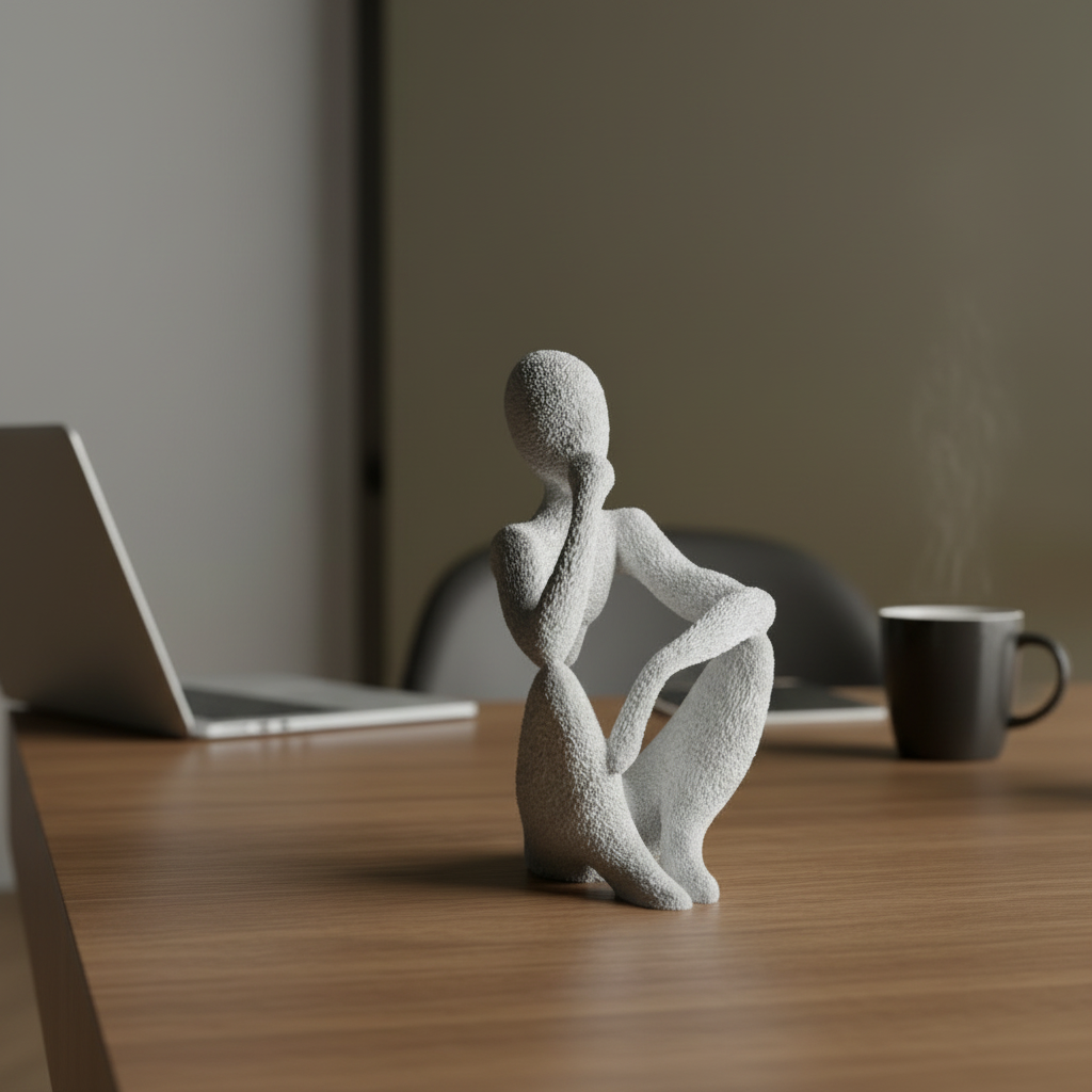 NObody Sculpture The Thinker 3D printed figurine on a modern office desk — creative workspace decor