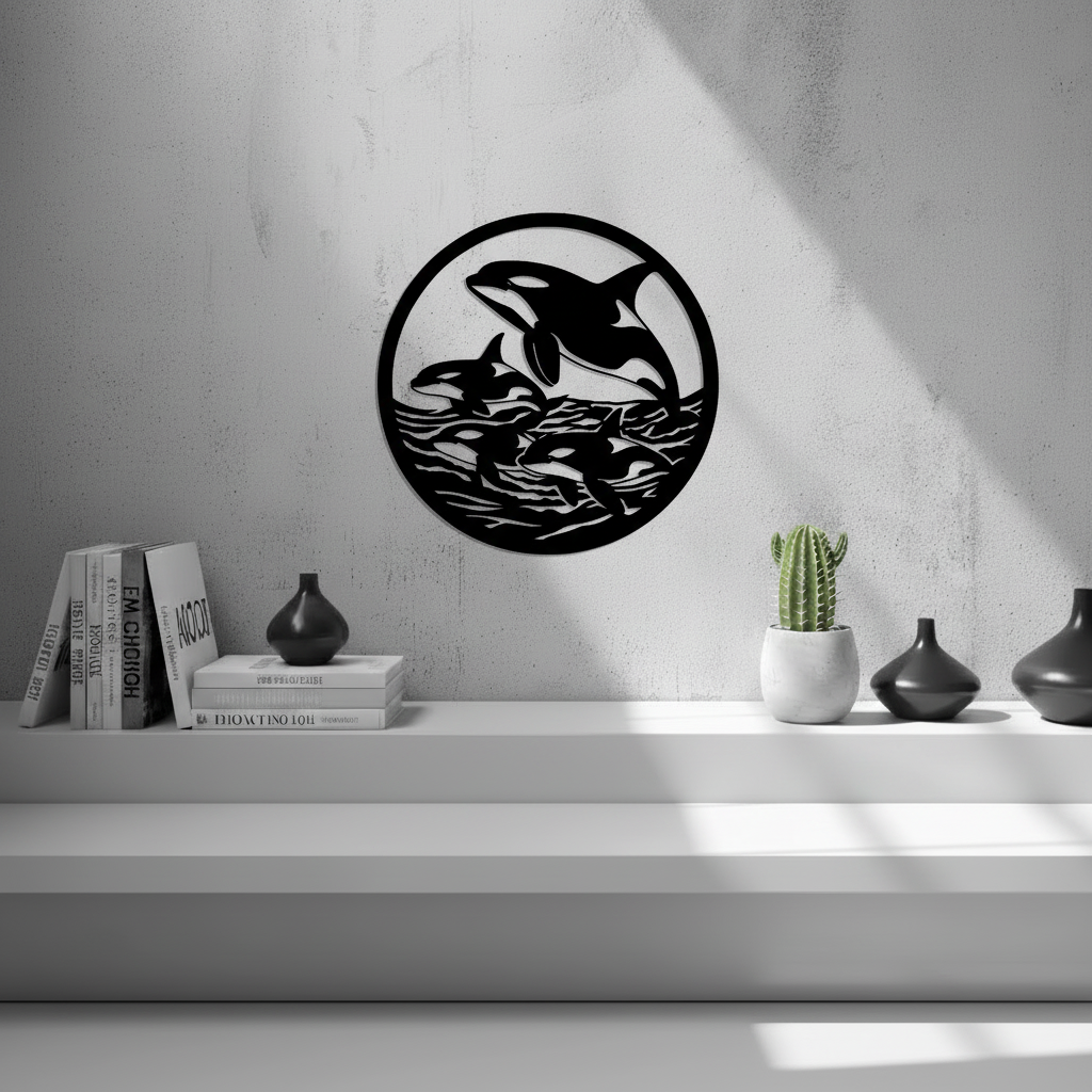 Orcas Wall Art — 3D printed majestic ocean predator design, shown in home setting — Creative3D Novelties
