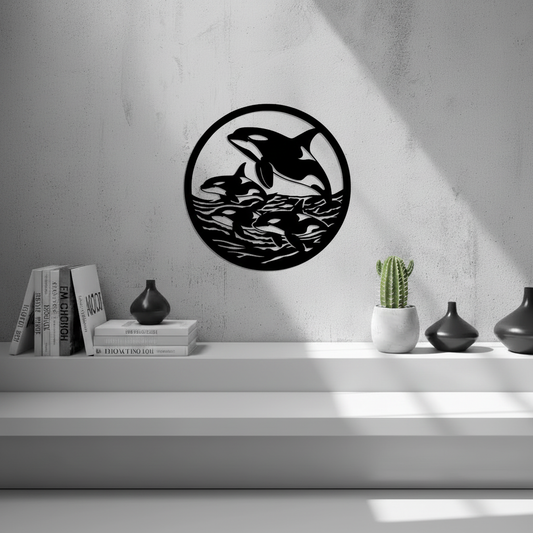 Orcas Wall Art — 3D printed majestic ocean predator design, shown in home setting — Creative3D Novelties