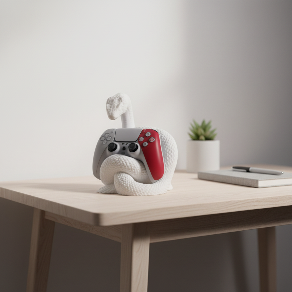 Serpens PS5 controller stand on a minimalist wooden desk with natural daylight — Hidden Gems Collection