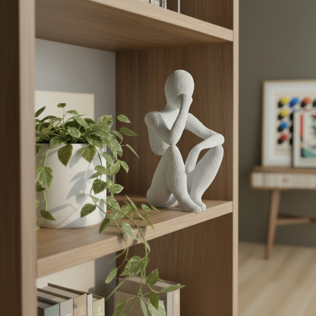 NObody Sculpture The Thinker 3D printed figurine on a Scandi living room shelf — minimalist home decor