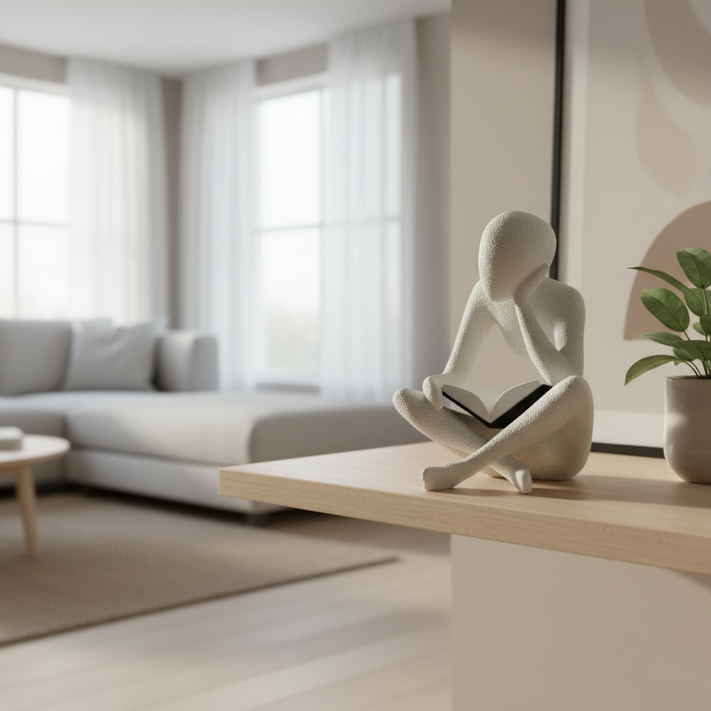 NObody Sculpture The Reader 3D printed figurine on a Scandi living room shelf — minimalist home decor