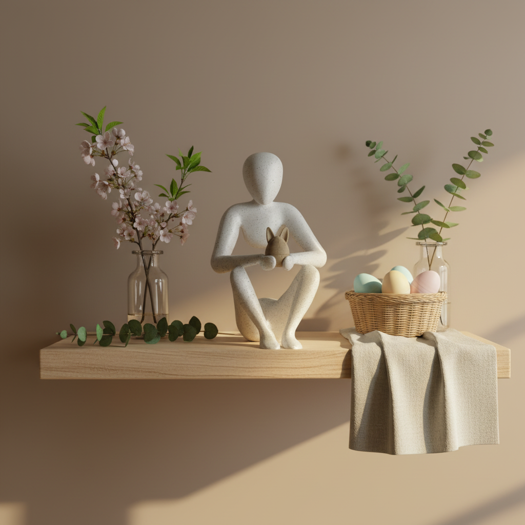 NObody Egg's Embrace sculpture on a Scandinavian shelf with spring botanicals and pastel accents — NObody Collection