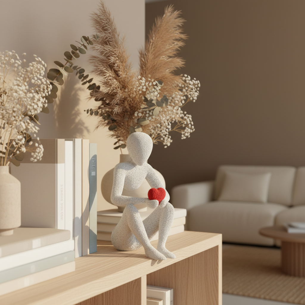 NObody Love's Embrace sculpture on a Scandinavian shelf with books and dried botanicals — NObody Collection