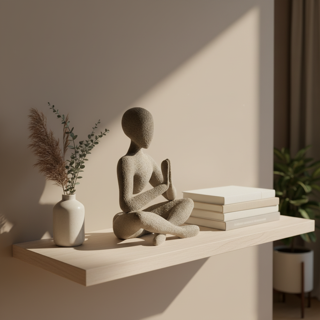 NObody Prayer sculpture on a Scandinavian shelf with books and dried botanicals — NObody Collection