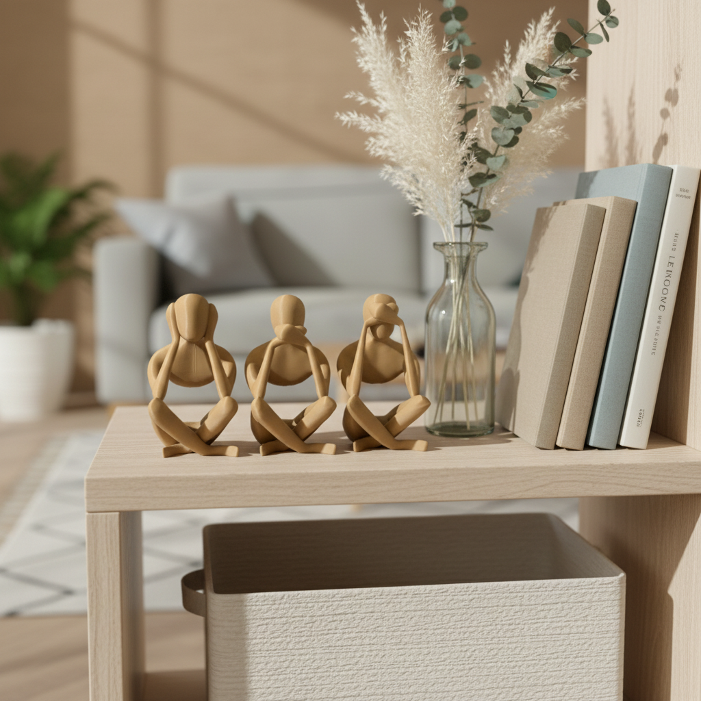 NObody No Evil Trio sculptures on a Scandinavian shelf with books and dried botanicals — NObody Collection