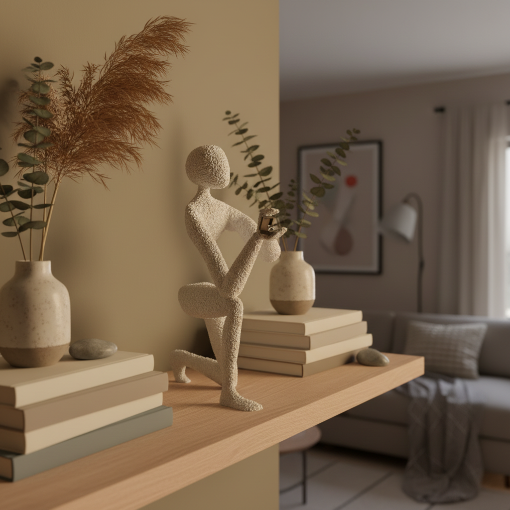 NObody Proposal sculpture on a Scandinavian shelf with books and dried botanicals — NObody Collection