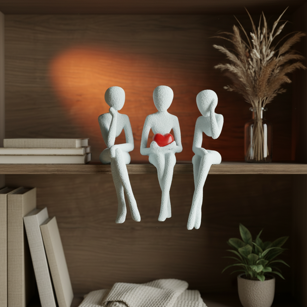 NObody Shelf Sitter Trio sculptures on a Scandinavian shelf with books and dried botanicals — NObody Collection