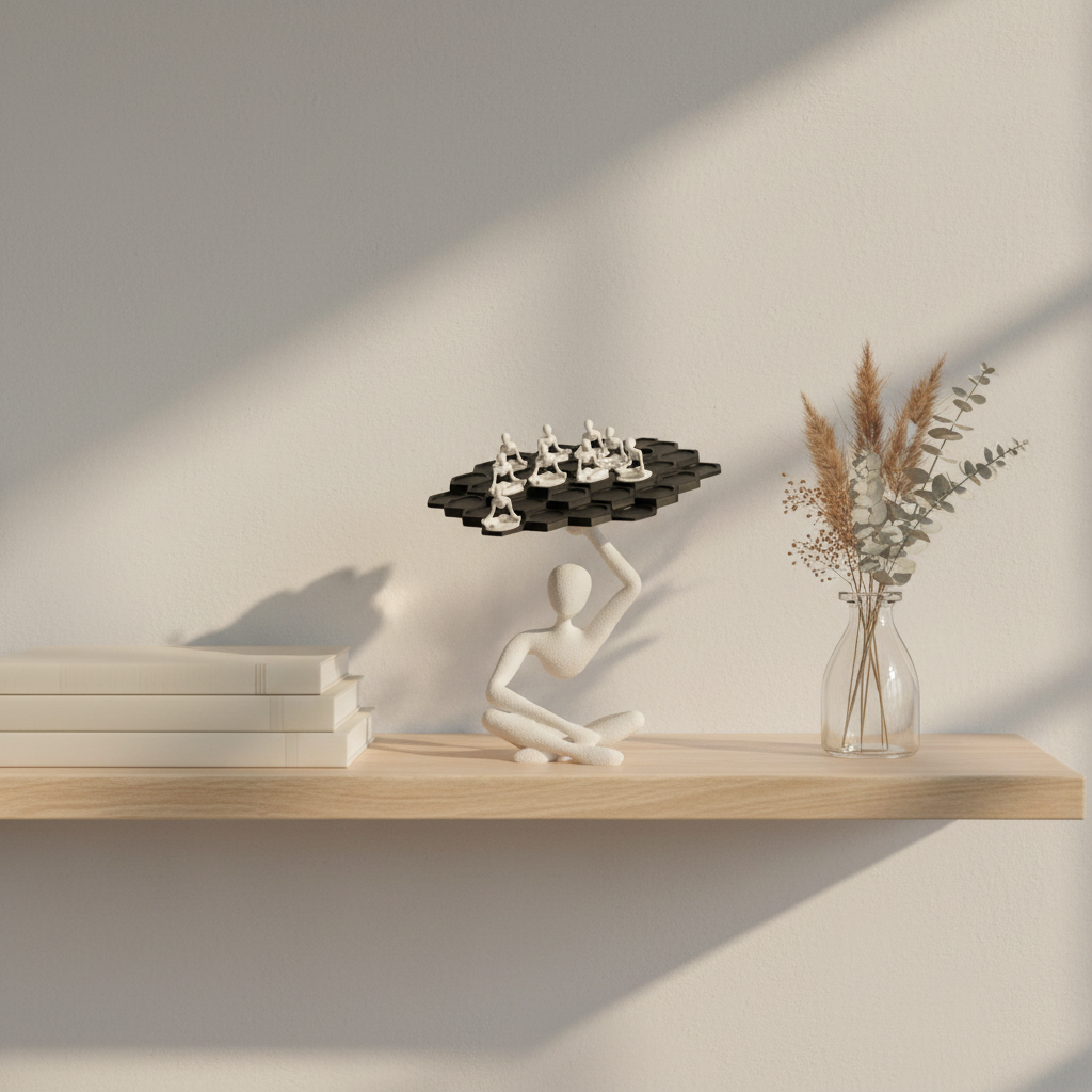 NObody Balance Game sculpture on a Scandinavian shelf with books and dried botanicals — NObody Collection