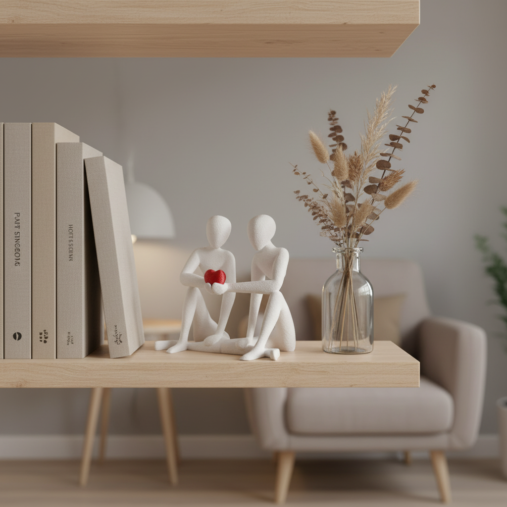 NObody Valentine sculpture on a Scandinavian shelf with books and dried botanicals — NObody Collection