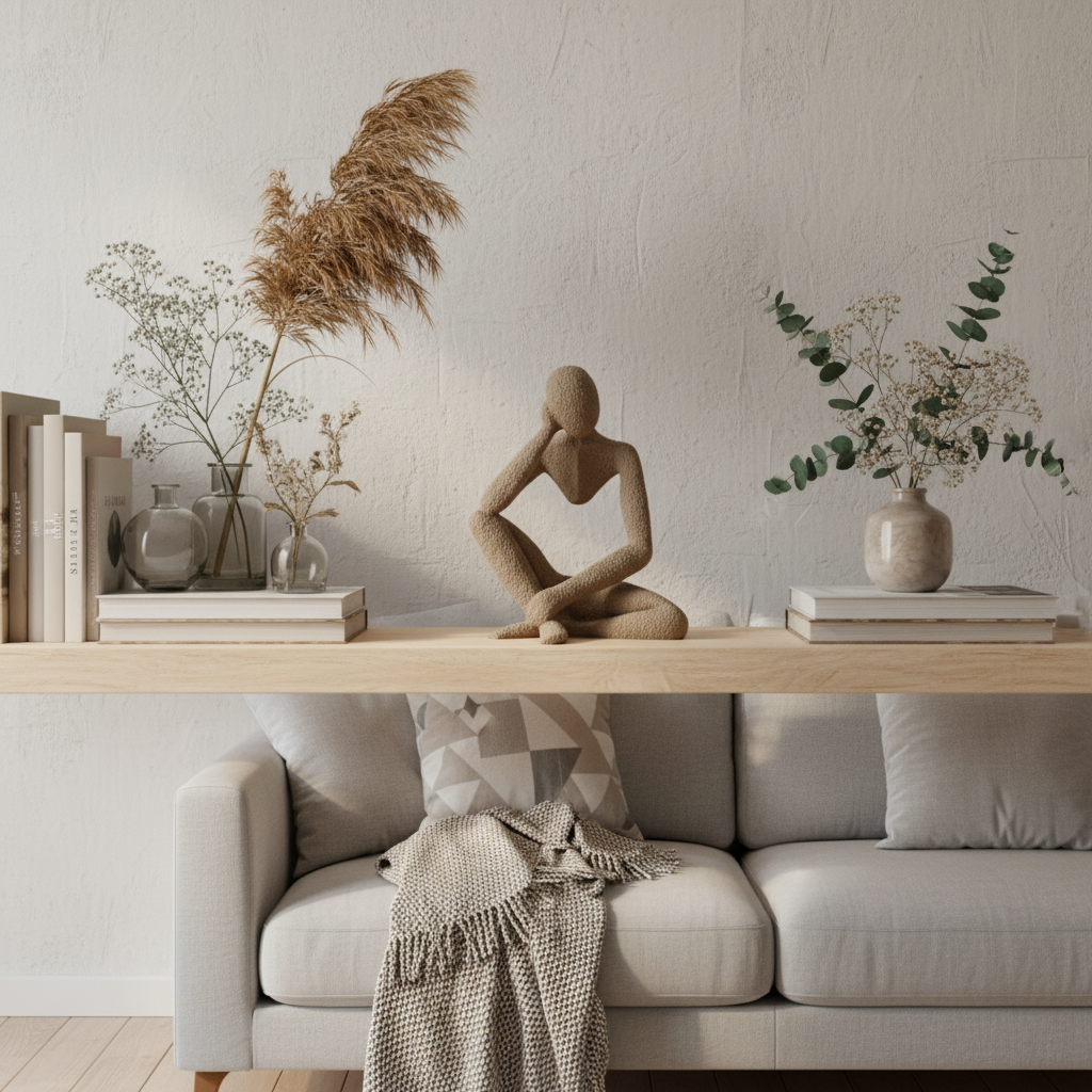 NObody Serendipity sculpture on a Scandinavian shelf with books and dried botanicals — NObody Collection