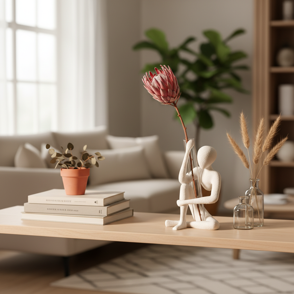 NObody Bloom sculpture with flower stem on a Scandinavian shelf with books and dried botanicals — NObody Collection