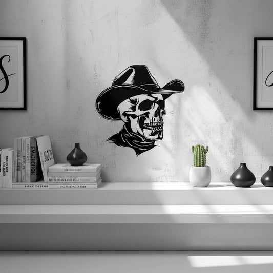 Black 3D printed skull with cowboy hat wall art — small and large sizes shown, UK made