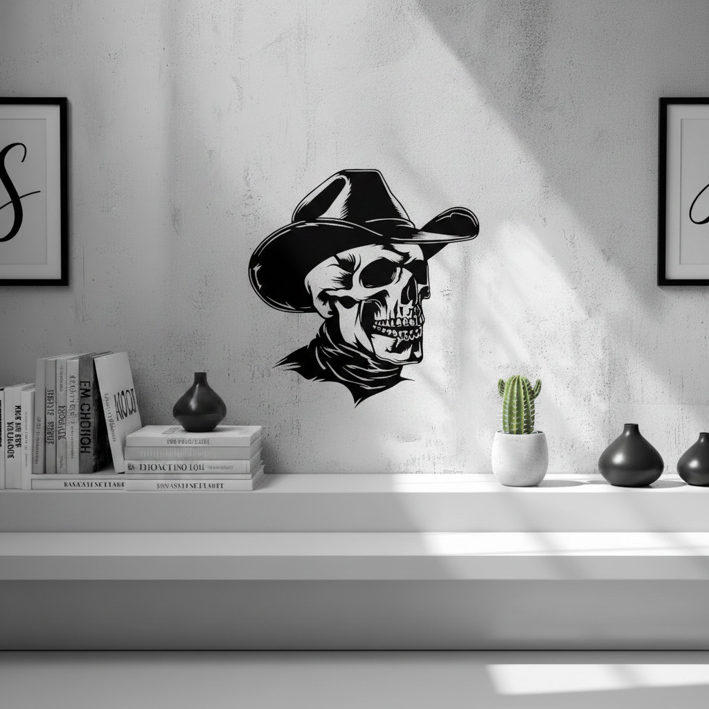 Skull with Cowboy Hat Wall Art — small and large sizes in jade white, grey and black — Creative3D Novelties